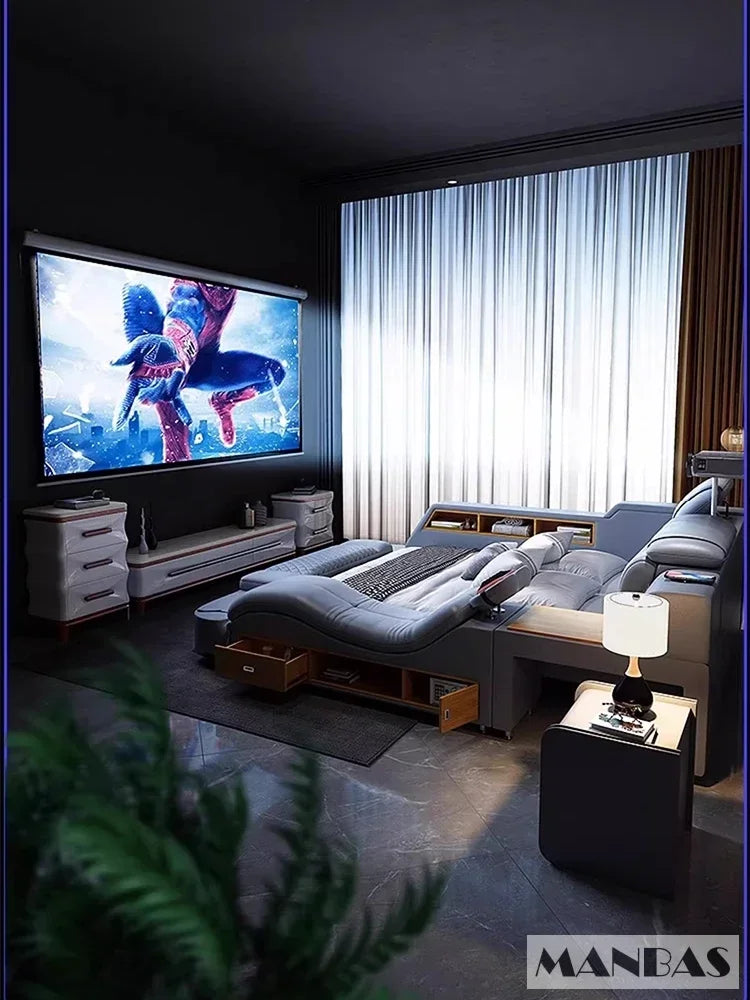 Modern home theater setup with a large screen displaying an animated character, surrounded by comfortable seating and decorative elements.