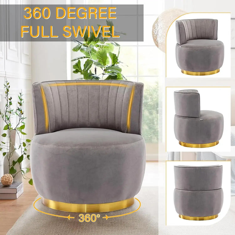 Modern swivel barrel chairs showcasing 360 degree full swivel design and luxurious velvet upholstery.