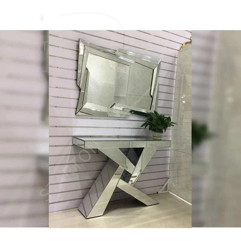 Modern mirror with a metallic frame on a decorative wall.