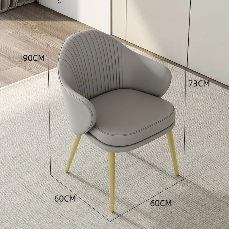 Gray chair with dimensions marked on a neutral background