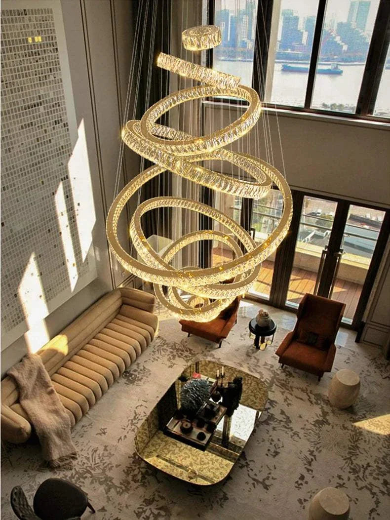 Modern hall chandelier with spiral LED rings in elegant indoor living space