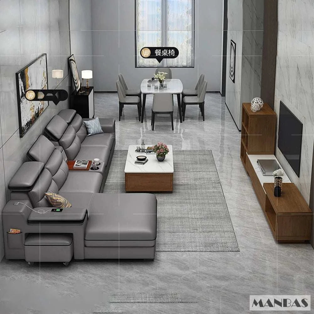 Modern living room with gray sectional sofa, wooden coffee table, and dining area.