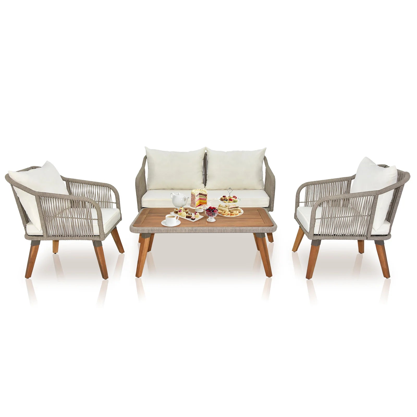 4-Piece Outdoor Acacia Wood Patio Set – Modern Deep Seating with Grey Rope & Beige Cushions