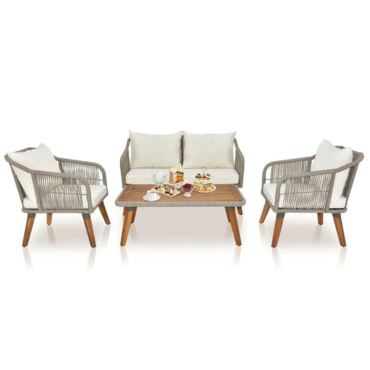 4-piece patio furniture set with acacia wood, grey rope accents, beige cushions, loveseat, two chairs, and coffee table