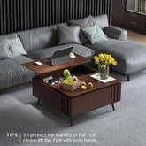 Mid-century modern lift top coffee table with hidden storage and spacious shelf in living room setting