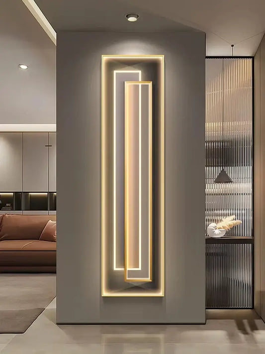 Modern LED mural light for modern decor illuminating a sleek vertical design on a stylish wall.
