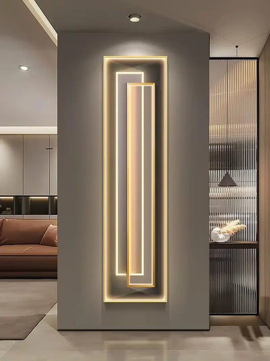Modern LED mural light for modern decor illuminating a sleek vertical design on a stylish wall.