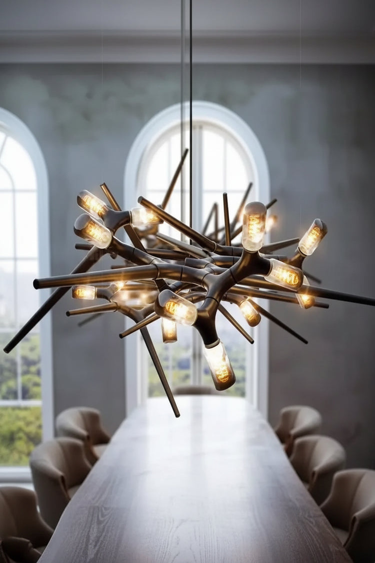 Modern chandelier with multiple lights in a room with large windows.