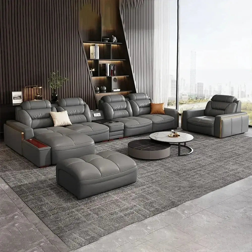 Premium Italian genuine leather sectional sofa with USB and Bluetooth in a modern living room setting.