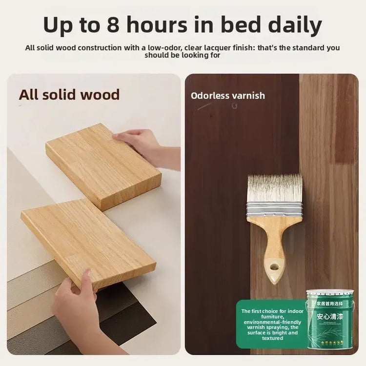 Wooden cutting boards with a brush and varnish container, emphasizing solid wood construction and odorless finish.