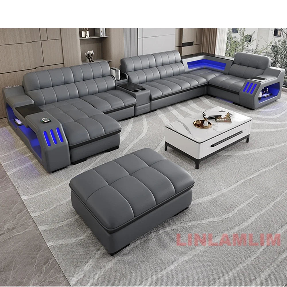 Modern Sectional Sofa Bed with LED Light, Electric Recliner and Massage