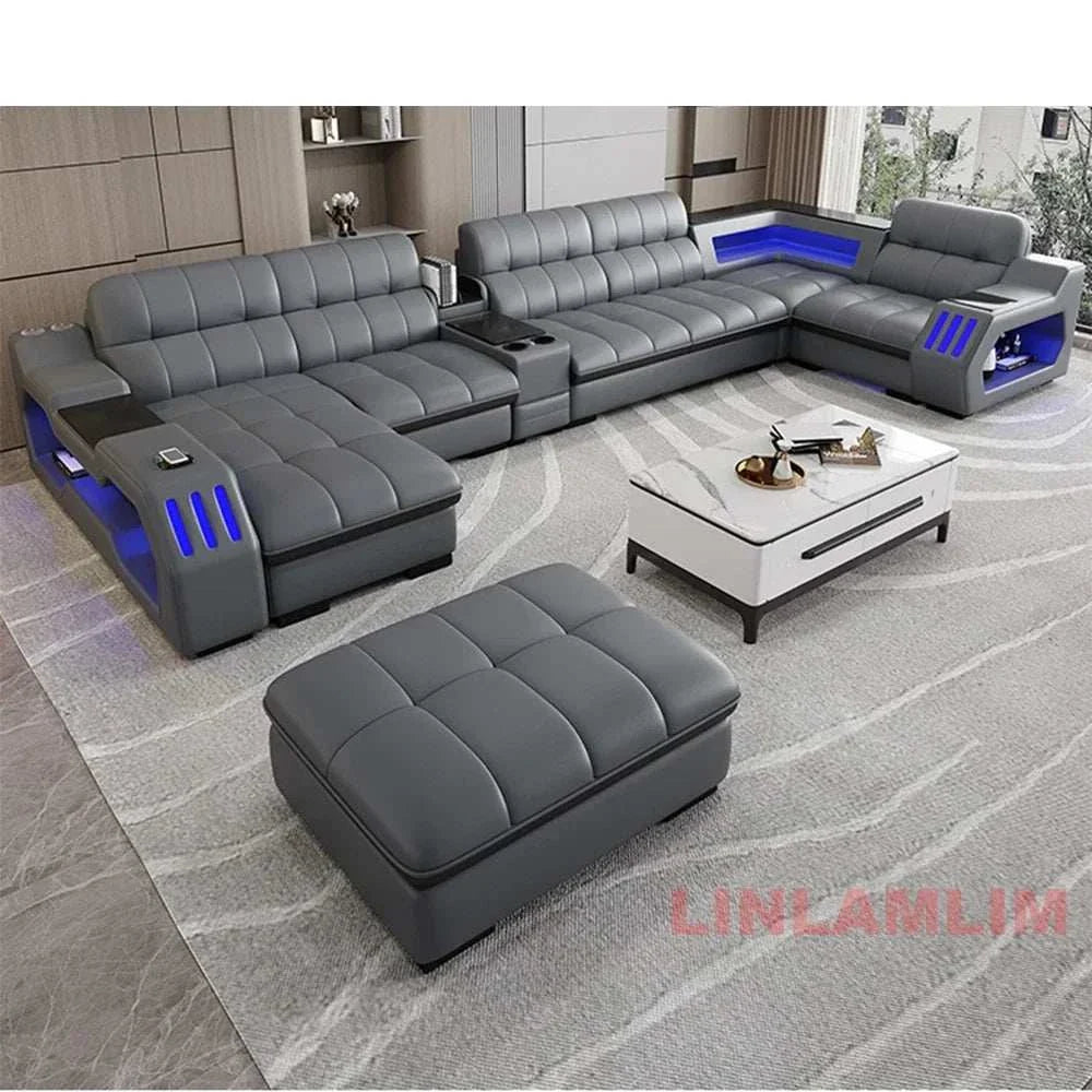 Modern sectional sofa bed with genuine leather, built-in LED lights, electric recliner, and massage function in a contemporary living room setting