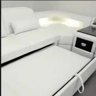 White sectional sofa with storage compartments on a white background