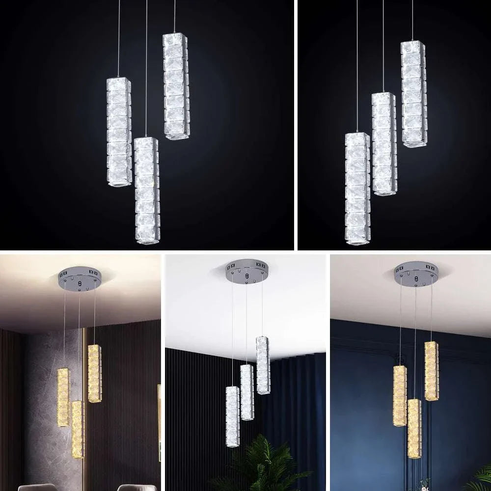 VETRULUS Nordic K9 Crystal LED chandelier with three vertical crystal-accented pendants and energy-efficient lighting for modern interiors