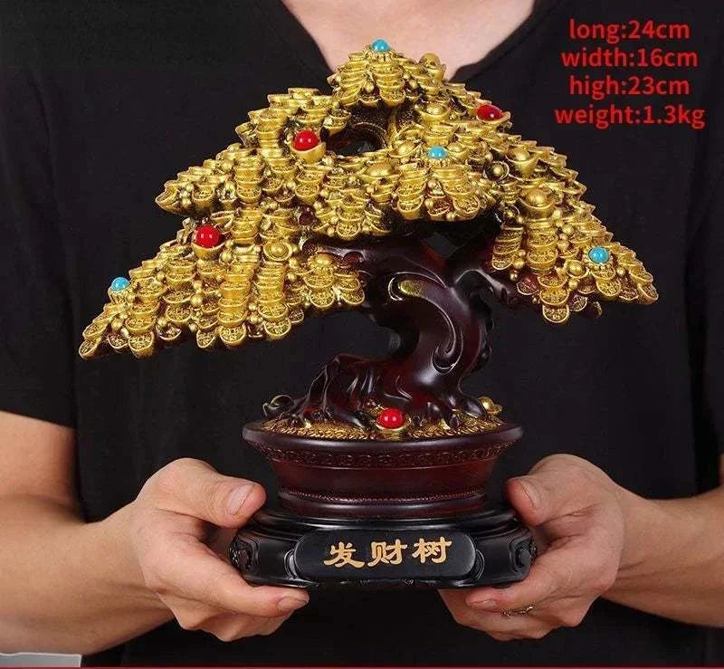 Decorative item resembling a bonsai tree made of gold coins 