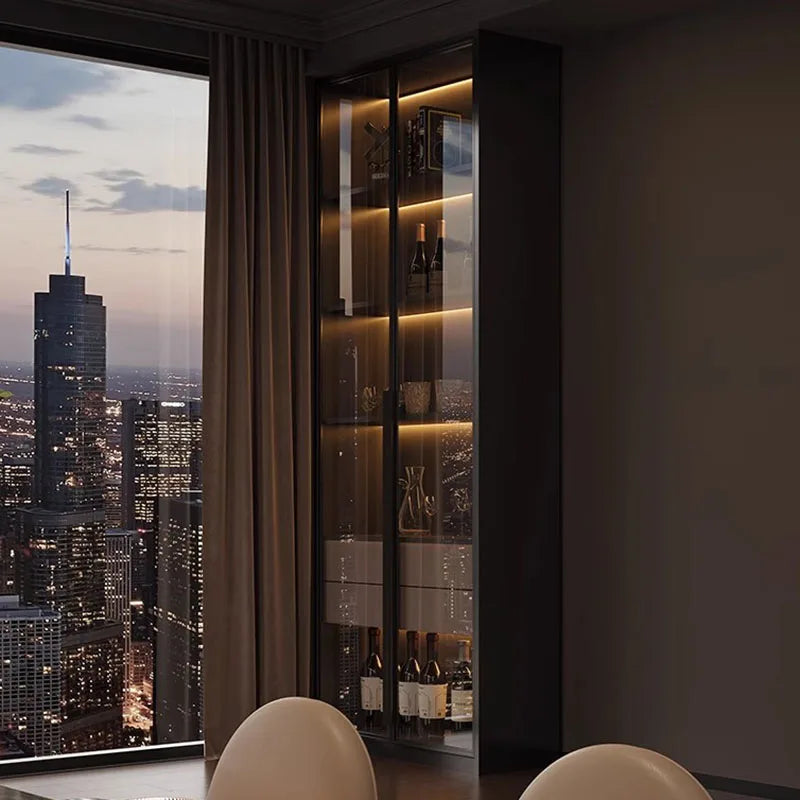 Wine cabinet with city skyline view from a window