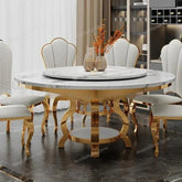 Round marble dining table with gold legs in a room setting