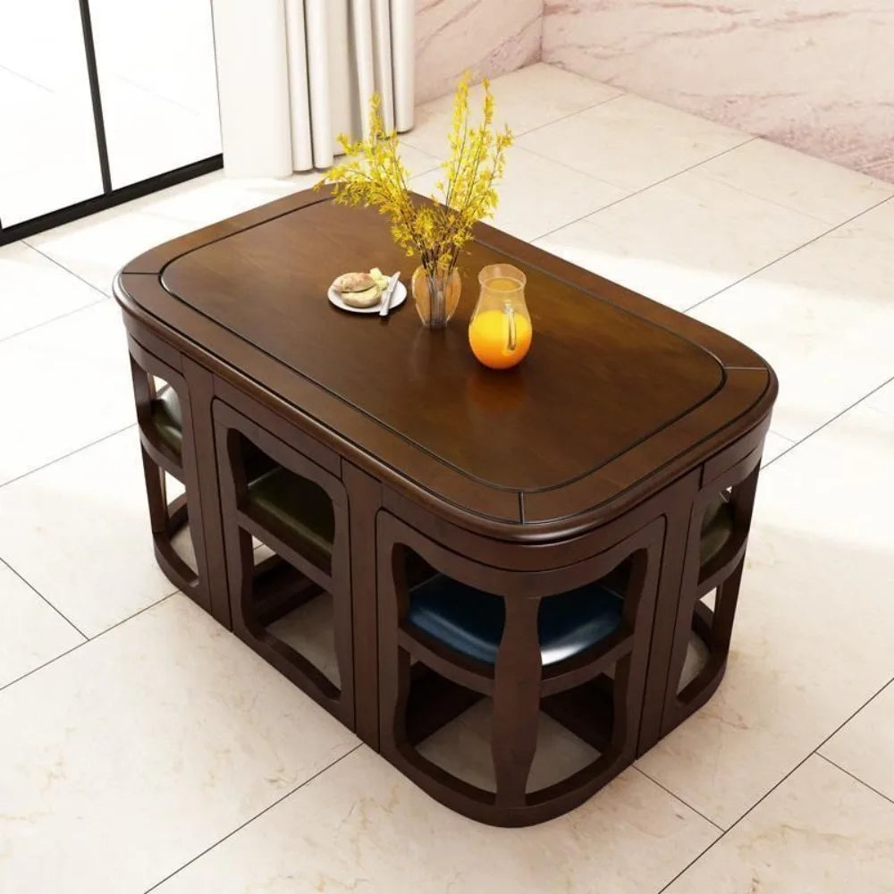 Solid Rubberwood Dining Table Set with Hidden Induction Cooker, oval design, perfect for dining set with induction cooker.