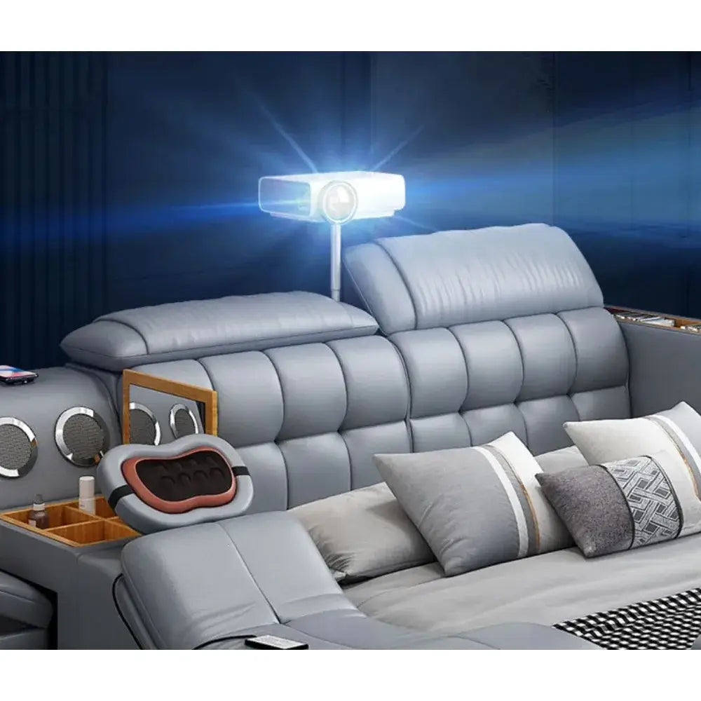 Smart leather bed with massage and storage featuring integrated projector and Bluetooth audio.