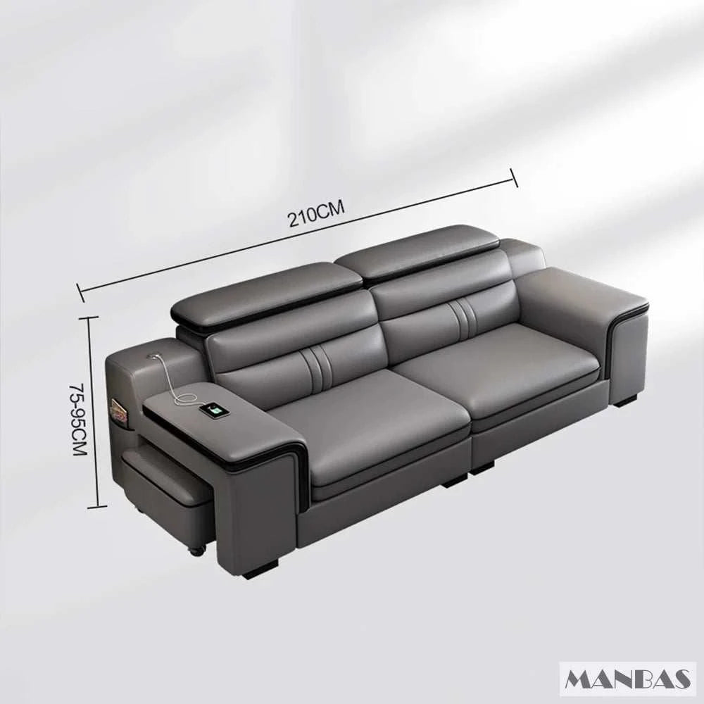 Gray sofa with dimensions labeled on a white background, featuring the brand 'Manbas'.