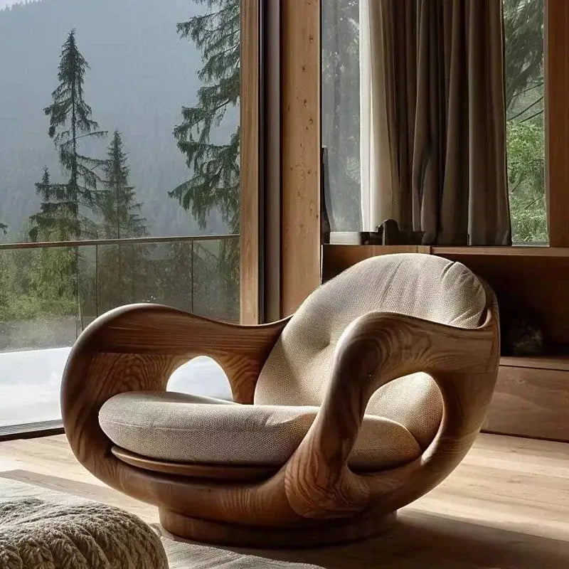 Italian minimalist recliner chair in a scenic living room with wooden accents and large windows.