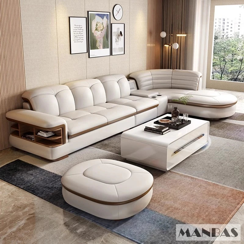 Luxury L-Shaped Genuine Leather Sectional Sofa Sets with USB, Bluetooth Speaker