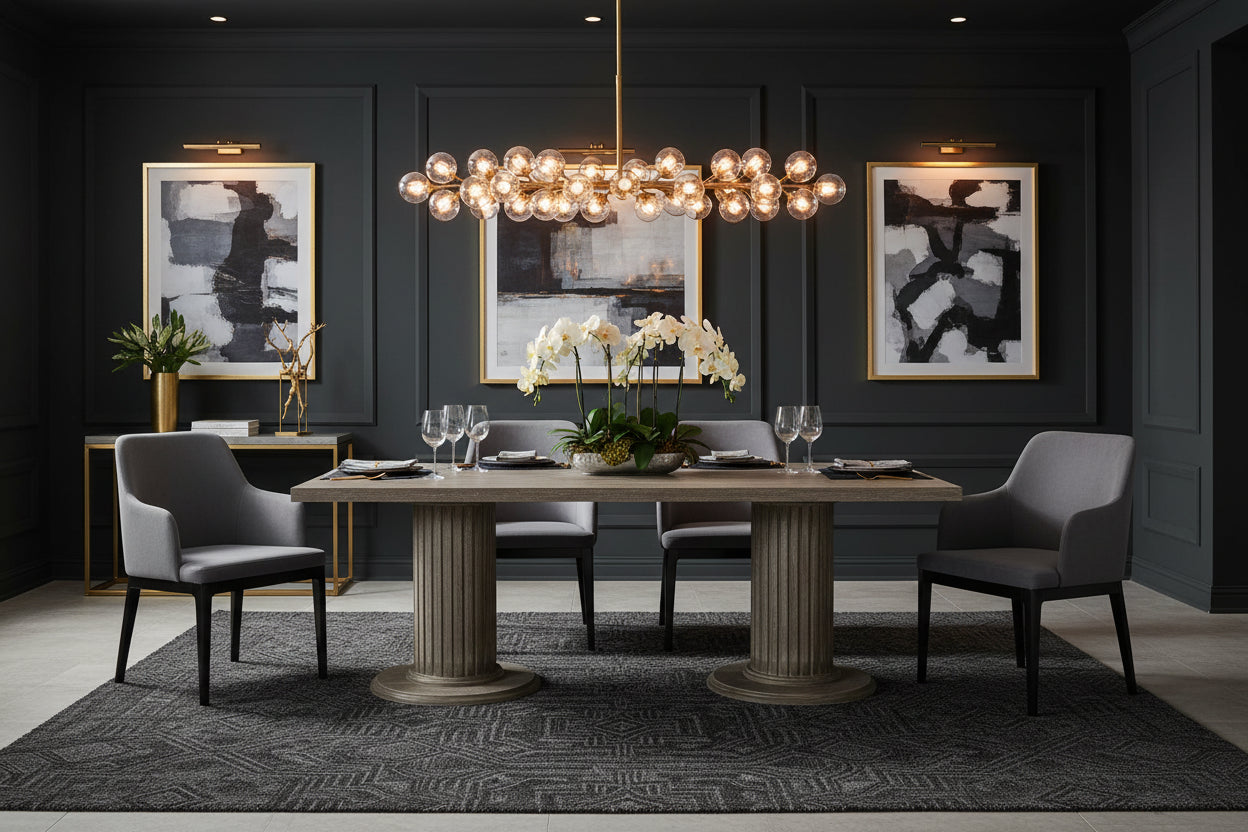 Dining table with gray chairs in an elegantly appointed dining room