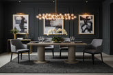 Dining table with gray chairs in an elegantly appointed dining room