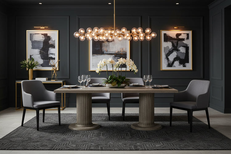 Dining table with gray chairs in an elegantly appointed dining room