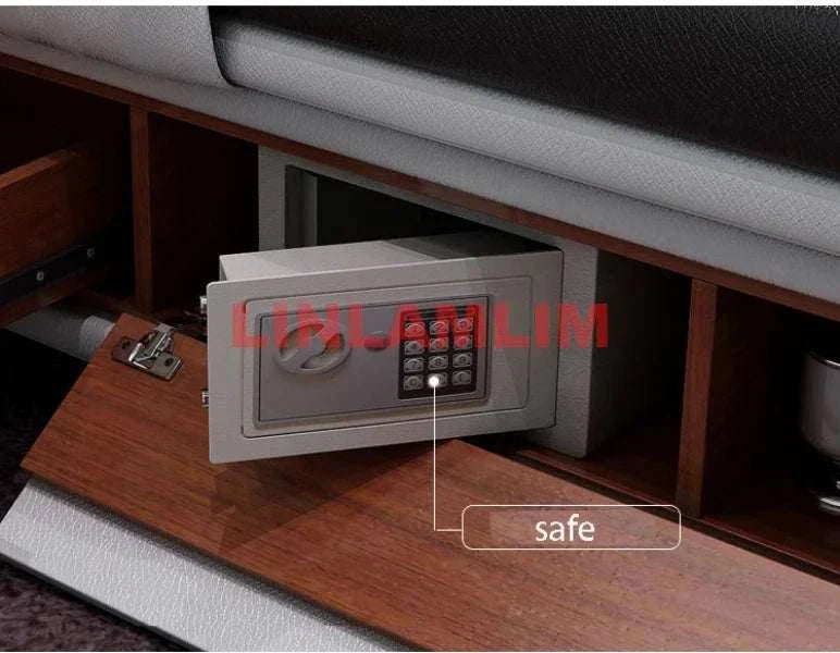 safe compartment in genuine leather bed with digital lock and wooden shelf