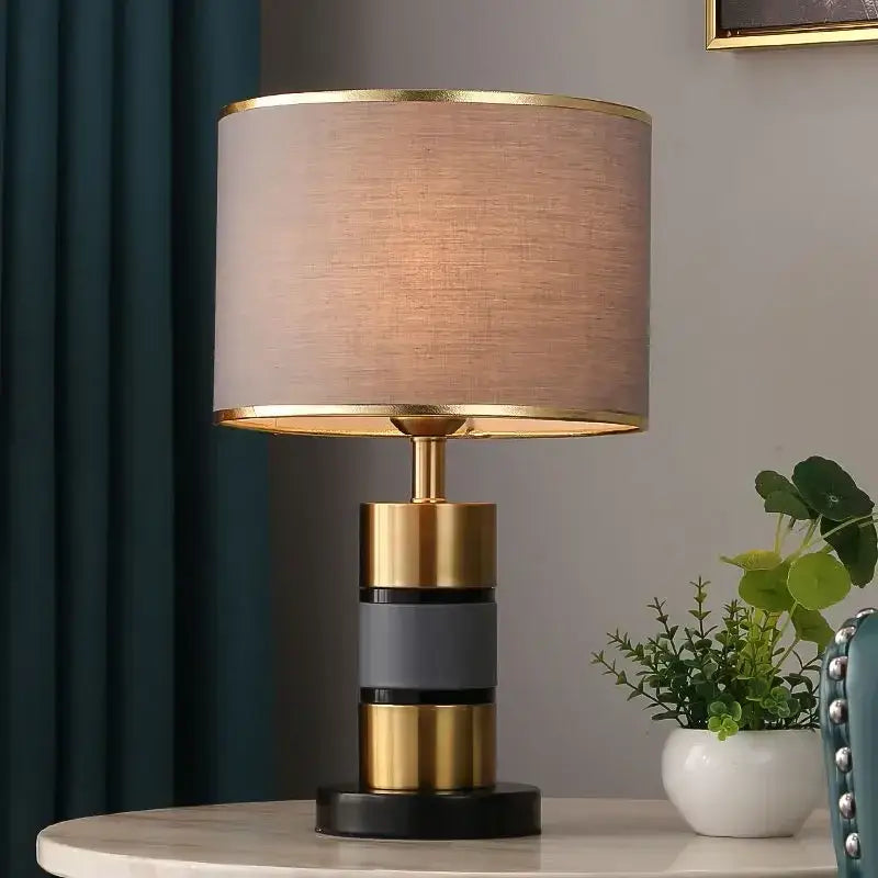 luxury LED bedside lamp with gold frame and fabric shade, ideal for modern bedroom decor.