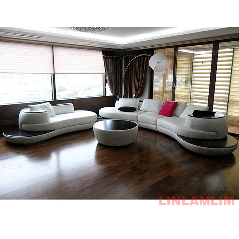 Modern living room with white curved sofa and stylish decor