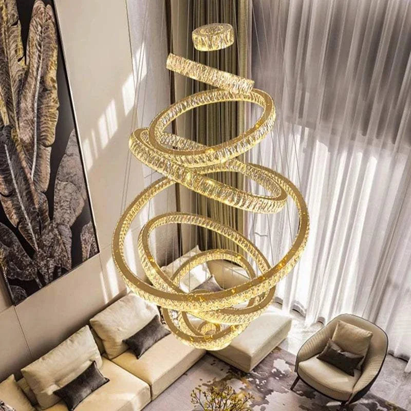 Elegant hall chandelier with spiral LED rings, modern indoor lighting for staircase and living areas