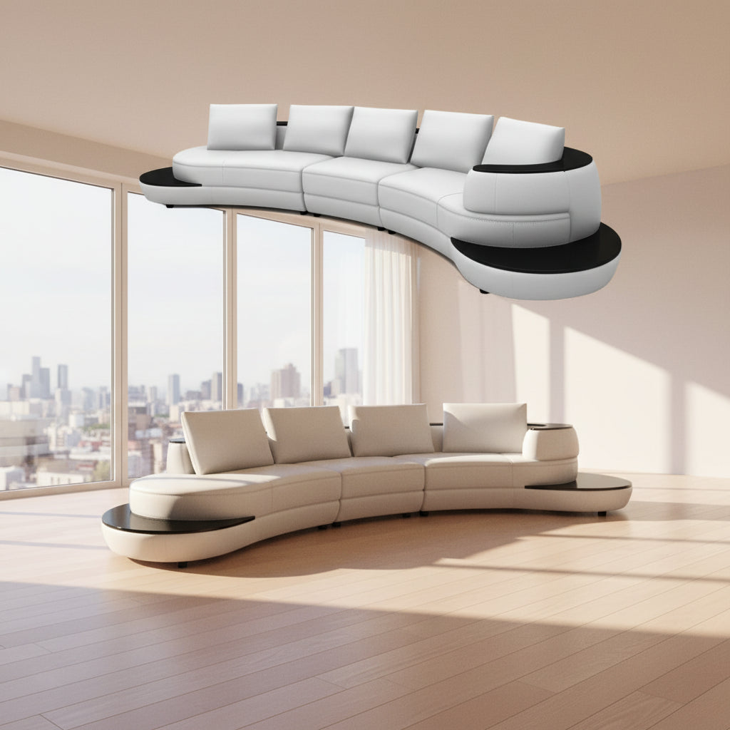 Modern white and black curved sectional sofa on a white background showing 2 angles