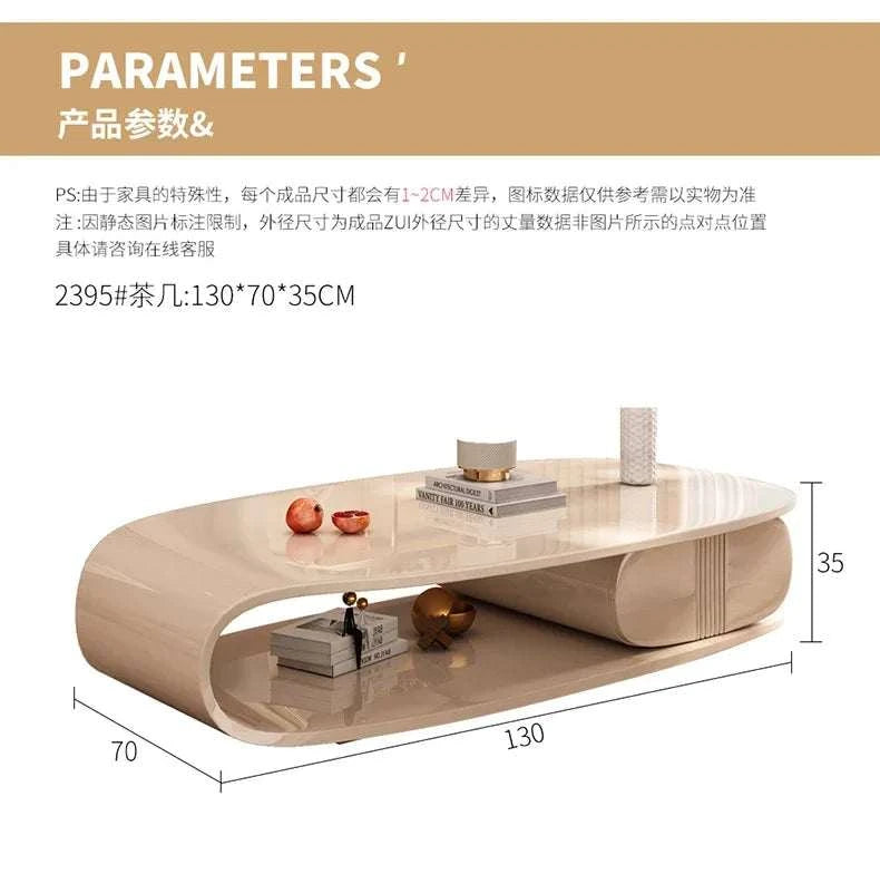 Beige coffee table with dimensions labeled on a white background
