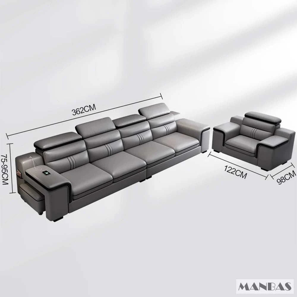 Gray sectional sofa with dimensions on a white background, featuring the MANBAS brand.