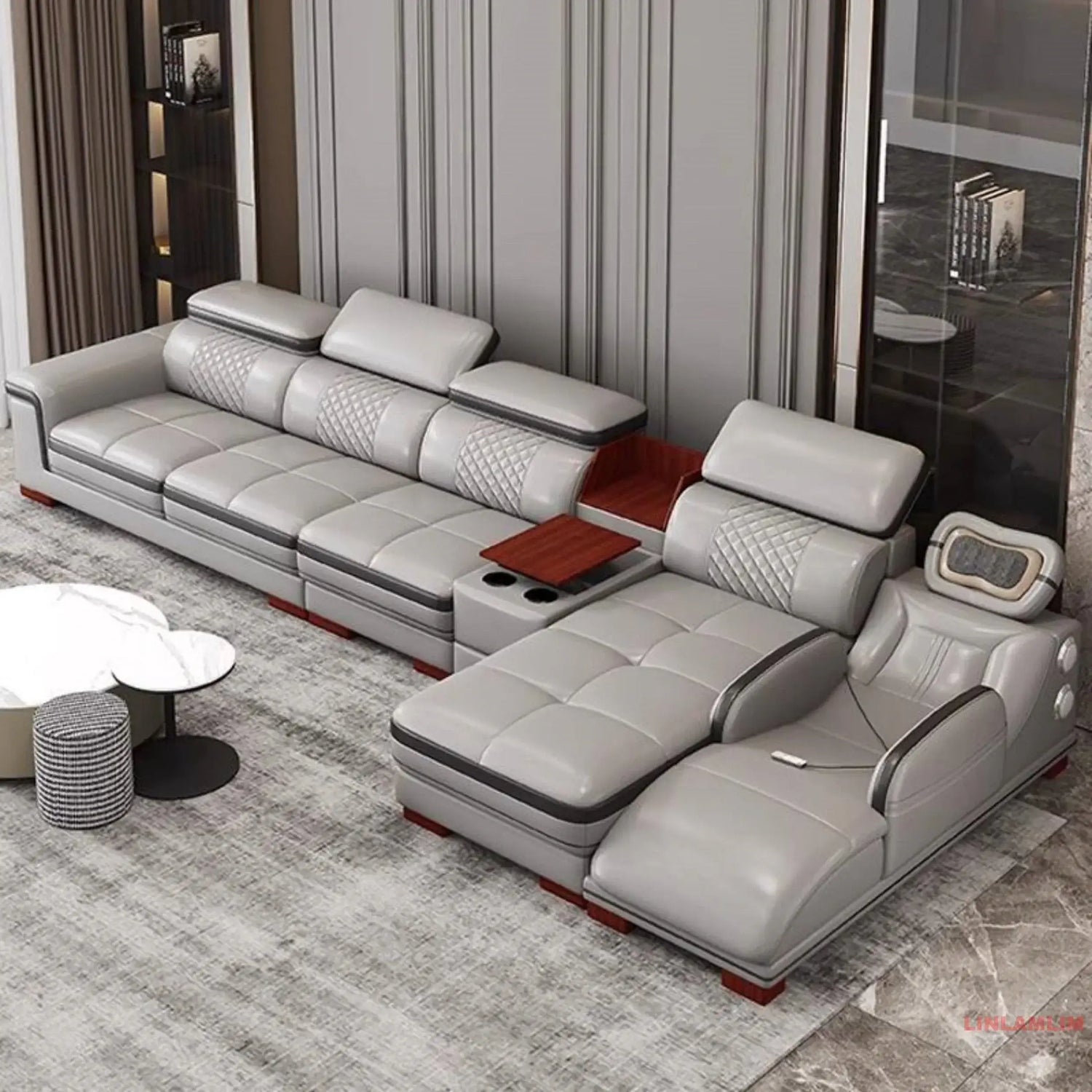 Luxury Genuine Leather Sectional Sofa Set, Modern L-Shaped Recliner Couch with Massage Chaise Lounge, Cup Holder, USB & Speakers.