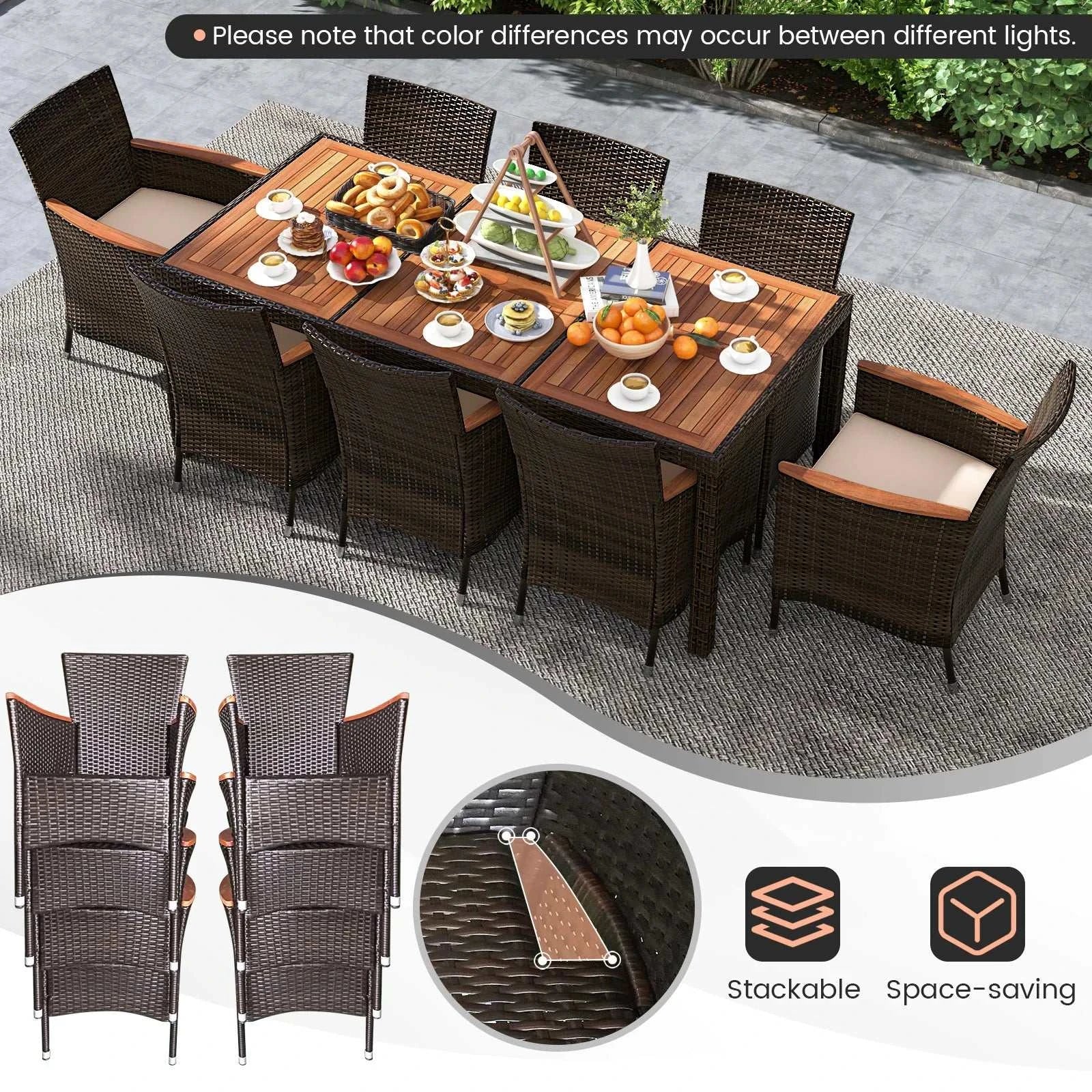Outdoor dining set with table and chairs on a patio, featuring stackable and space-saving design.