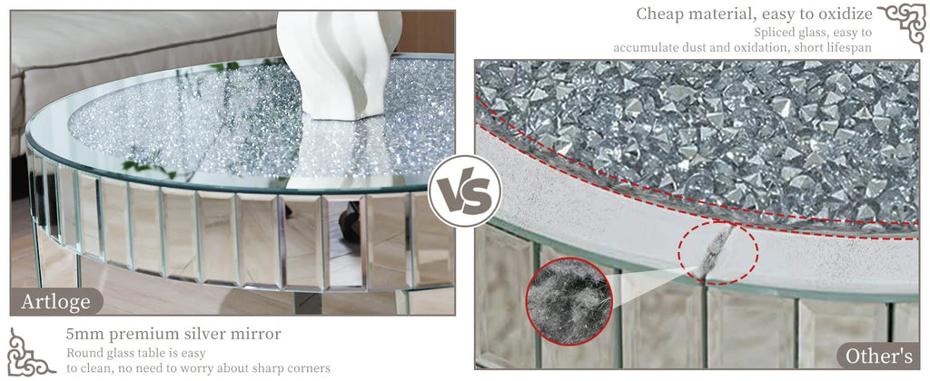 Crystal Inlay Mirrored Round Coffee Table | Silver Luxury - view 8