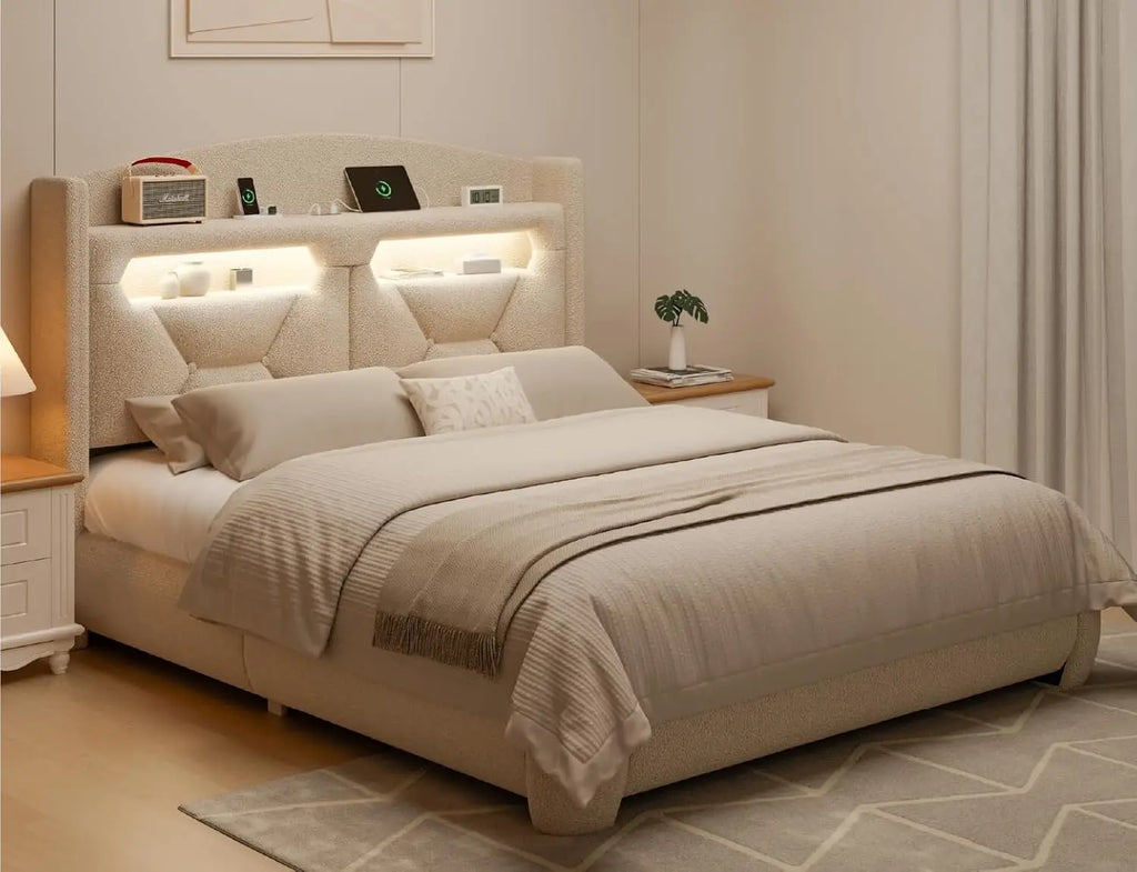 Boucle Bed Frame with Storage Headboard & LED Lighting, Upholstered Modern Platform Bed