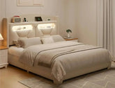 Modern boucle bed frame with storage headboard and LED lighting featuring USB charging station