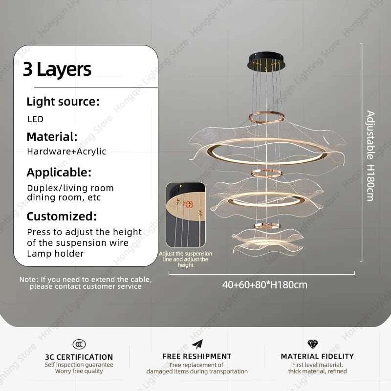 Round modern LED ceiling chandelier with three-layer acrylic design and adjustable height for living or dining rooms