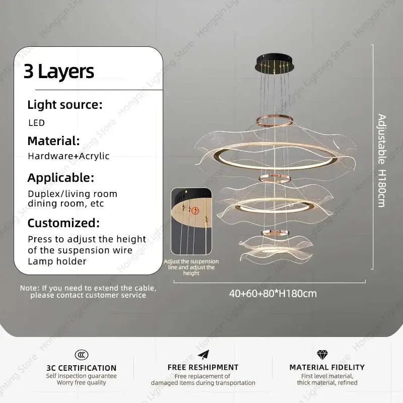 Round modern LED ceiling chandelier with three-layer acrylic design and adjustable height for living or dining rooms