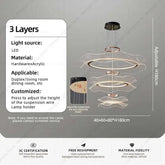 Round modern LED ceiling chandelier with three-layer acrylic design and adjustable height for living or dining rooms