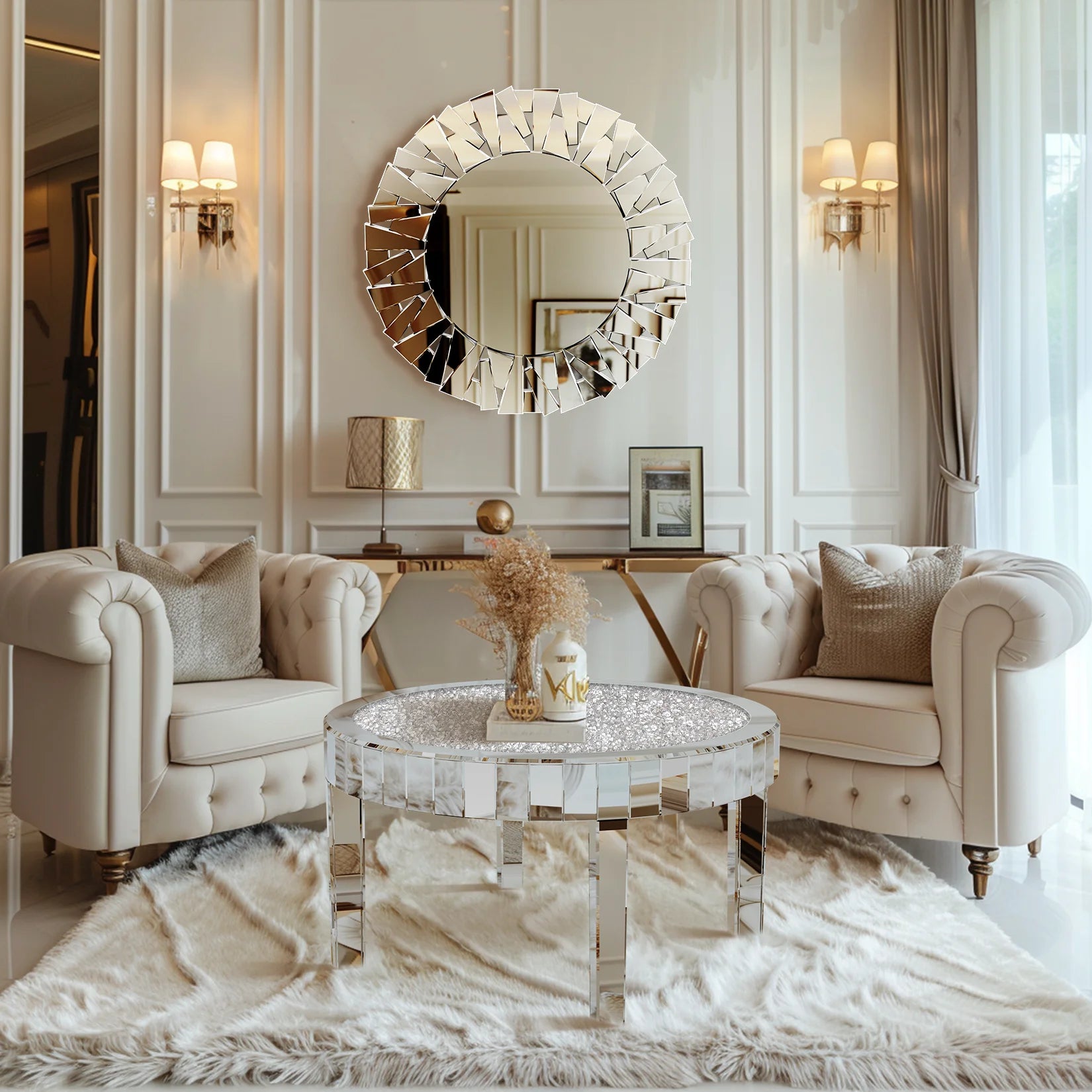 Mirrored Coffee Table with Crystal Inlay, 31.5'' Mirror Surface, Silver Accent