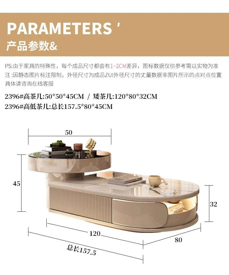 Dimensions of a round coffee table with text on a beige background