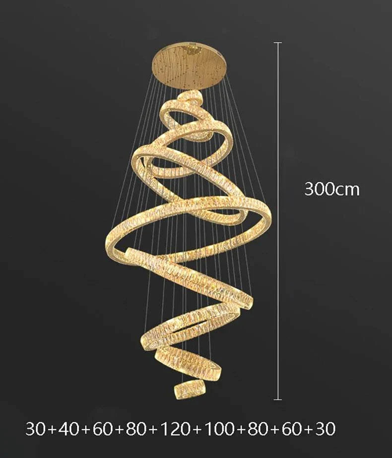 Elegant hall chandelier with LED lighting and contemporary spiral design for indoor staircase decor