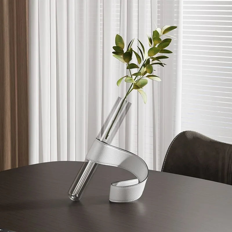 Tubular Glass Vase with Leather Bracket | Nordic Luxury Tabletop Accent
