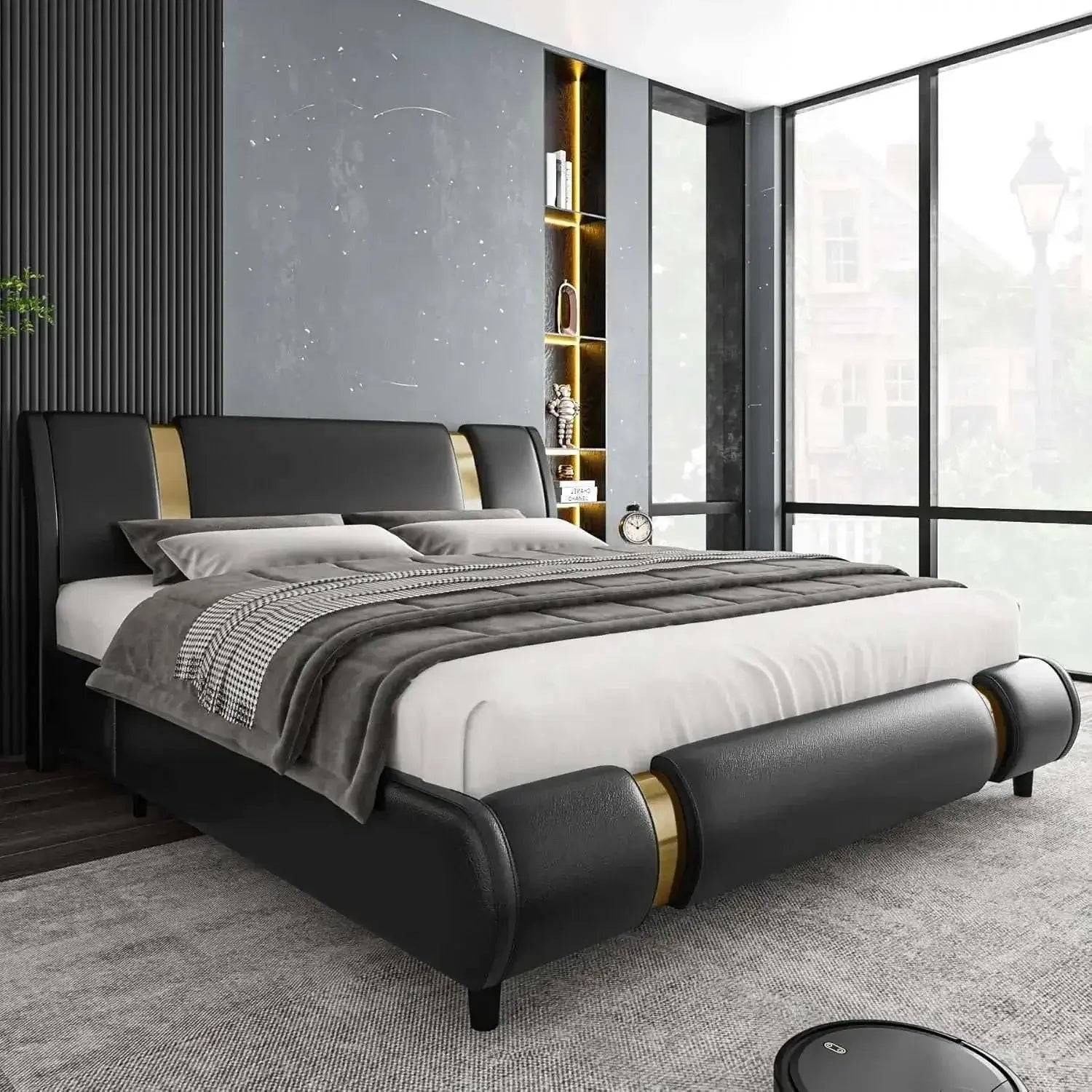 Modern faux leather upholstered bed frame with curved headboard and metal decor in contemporary bedroom
