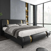 Modern faux leather upholstered bed frame with curved headboard and metal decor in contemporary bedroom